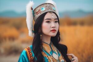 beautiful kazakh asian woman portrait in national costume. Woman with baby photo