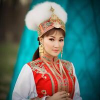 ai generado hermosa kazakh asiático mujer retrato en nacional traje. mujer con bebé foto