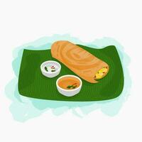 Editable Top Side View Indian Masala Dosa With Chutney and Sambar on Banana Leaf Vector Illustration for Artwork of Cuisine Related Design With South Asian Culture and Tradition