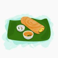 Editable Top Side View Indian Masala Dosa With Chutney and Sambar on Banana Leaf Vector Illustration for Artwork of Cuisine Related Design With South Asian Culture and Tradition