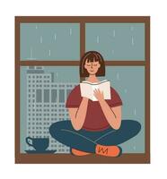 niña es leyendo un blibro sentado en el antepecho. es lloviendo fuera de ventana. vector ilustración.