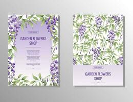 Flyer set with purple wisteria. Flower and garden shop. Banner, poster, brochure, cover, template, invitation a4 size for business vector