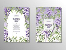 Flyer set with purple wisteria. Flower and garden shop. Banner, poster, brochure, cover, template, invitation a4 size for business vector