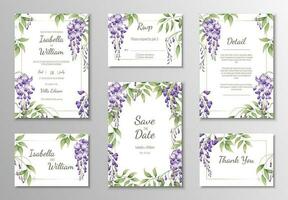 Set of wedding templates, banners, invitations for the holiday.Beautiful postcard decor with purple wisteria vector
