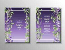 Flyer set with purple wisteria. Flower and garden shop. Banner, poster, brochure, cover, template, invitation a4 size for business vector