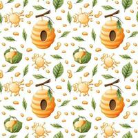 Seamless pattern with honey drops, beehives, leaves. Suitable for wallpaper, fabric, textile, paper. vector