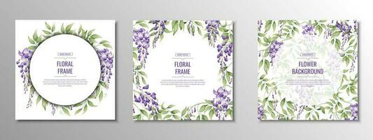 Set of cards, posters, banners with purple wisteria. Wedding invitation. Delicate purple flowers vector