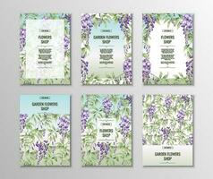 Set of flyer templates for poster, invitations with purple wisteria. A4 size background. vector