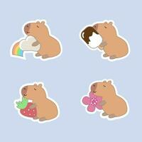 Set of cute capybara hold various object stand on white background.Friendly animal character cartoon design.Flower, strawbery, ice cream, rainbow, hand drawn. Kawaii. vector