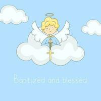 un ángel se sienta en un nube y sostiene un cruzar bautismo día tarjeta bautizado y bendito vector ilustración