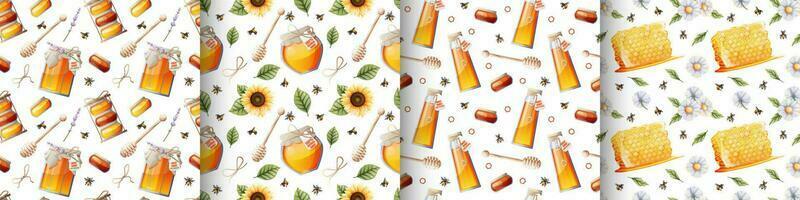 Set of seamless patterns with jar of honey, sunflower, bees and honey.Great for textile, fabric, paper wallpaper. vector