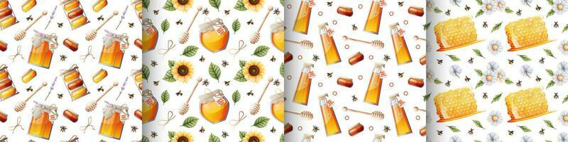 Set of seamless patterns with jar of honey, sunflower, bees and honey.Great for textile, fabric, paper wallpaper.