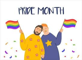 Vector Pride month poster with two smiling men holding lgbt flags. Pride month poster with two gays.