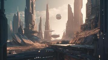 wartorn futuristic city with giant spaceship, digital art illustration, photo