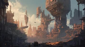 wartorn futuristic city with giant spaceship, digital art illustration, photo