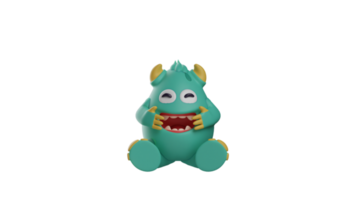 3D illustration. Cheerful Monster 3D Cartoon Character. Happy monster sitting smiling broadly. The monster widens its smile using both hands. 3d cartoon character png