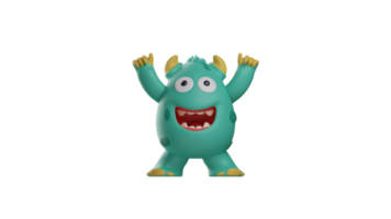 3D illustration. Happy Monster 3D Cartoon Character. The blue monster is feeling happy and expresses it by raising both hands. The adorable monster smiled broadly. 3d cartoon character png