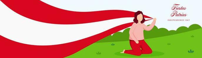 Fiestas Patrias Independence Day Concept With Faceless Young Girl Holding Peru Flag On White And Green Background. vector