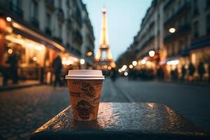 café en cualquier lugar, un papel taza de café en el mesa en París. generativo ai foto