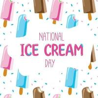 Happy National Ice Cream Day card. A waffle cone with various fruit ice cream scoops. Vector banner in flat cartoon style.