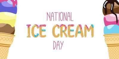 Happy National Ice Cream Day card. A waffle cone with various fruit ice cream scoops. Vector banner in flat cartoon style.