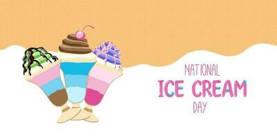 Happy National Ice Cream Day card. A waffle cone with various fruit ice cream scoops. Vector banner in flat cartoon style.