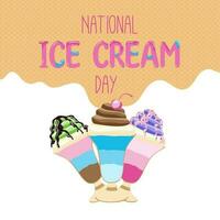 Happy National Ice Cream Day card. A waffle cone with various fruit ice cream scoops. Vector banner in flat cartoon style.