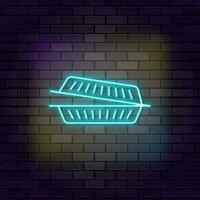 Disposable, container, food neon icon brick wall and dark background. vector