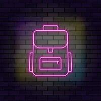 Backpack,bag, education neon icon brick wall and dark background. vector