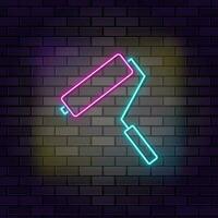 Brush, decorator, paint neon icon brick wall and dark background. vector