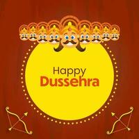 contento dussehra letras con diez cabeza de demonio Rey ravana, arquero arco en amarillo y marrón textura antecedentes. vector