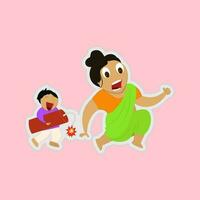 Sticker Style Diwali Funny Character Of Shouting Little Boy Running With Burning Firecracker Bomb Behind Indian Woman Over Pink Background. vector