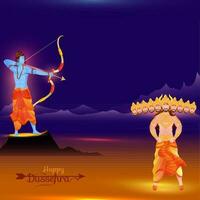 Happy Dussehra Celebration Background With Hindu Mythology Lord Rama Taking An Aim Against Demon King Ravana. vector