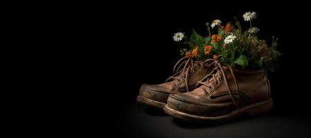 , Old boot with meadow spring flowers, handmade shoe planter. Environmental activism concept photo