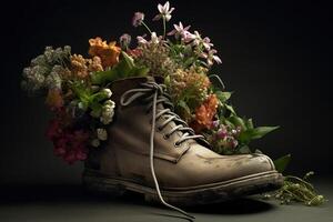 , Old boot with meadow spring flowers, handmade shoe planter. Environmental activism concept photo