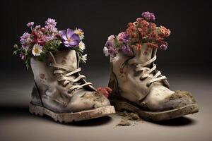 , Old boot with meadow spring flowers, handmade shoe planter. Environmental activism concept photo