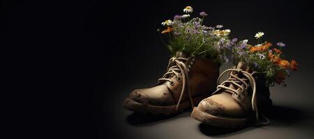 , Old boot with meadow spring flowers, handmade shoe planter. Environmental activism concept photo