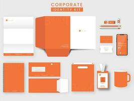 Corporate Identity Kit As Folder A4, Letterhead, Diary, Double-Side Envelope, Visiting, Id Card, Mug, Flash Drive, Smartphone And Paper Bag In Orange And White Color. vector