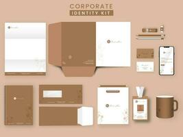 corporativo identidad equipo como carpeta a4, membrete, diario, doble lado sobre, visitando, carné de identidad tarjeta, taza, destello conducir, teléfono inteligente y papel bolso en marrón y blanco color. vector