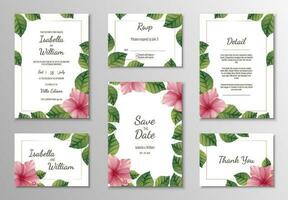 Set of wedding templates, banners, invitations for the holiday.Beautiful postcard decor with pink hibiscus vector