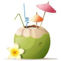 Delicious cocktail in coconut. Umbrella, tubule, plumeria, coconut. summer beach illustration for stickers vector