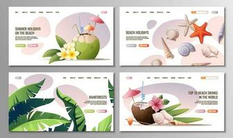 Web page template with beach cocktails, palm trees, seashells.Concept for web banner and landing page.Beach theme, tropical vacation. vector