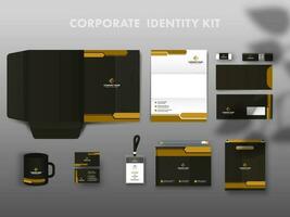 presentación corporativo identidad equipo como carpeta a4, membrete, doble lado sobre, visitando, carné de identidad tarjeta, jarra y otro artículos en gris antecedentes. vector