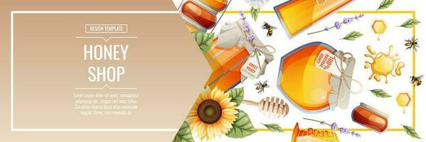 Banner template with honey products. Honey shop.Illustration of a jar of honey, honeycombs, bees, flowers. Design for label, flyer, poster, advertising. vector