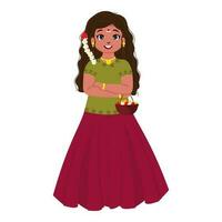 Happiness South Indian Girl Holding Basket Full Of Flowers On White Background. vector