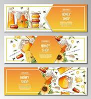 Set of banner templates with honey products. Honey shop.Illustration of a jar of honey, honeycombs, bees, flowers. Design for label, flyer, poster, advertising. vector
