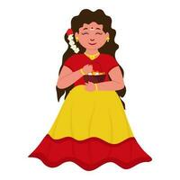 Beautiful South Indian Girl Holding Basket Full Of Flowers On White Background. vector