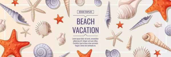 Nautical banner with shells and starfish. Beach holidays, summer holidays, marine theme. Webbaner, poster, flyer, advertising. vector