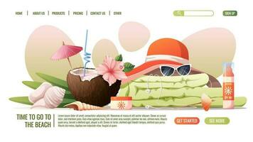 Web page template with cocktail, towel, hat, sunscreen and glasses.Concept for web banner and landing page. Beach theme, summer vacation. vector