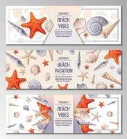 Set of beach banner withwith shells and starfish. Ocean sea holidays, vector background. Webbaner, poster, flyer, advertising. Summer vacation